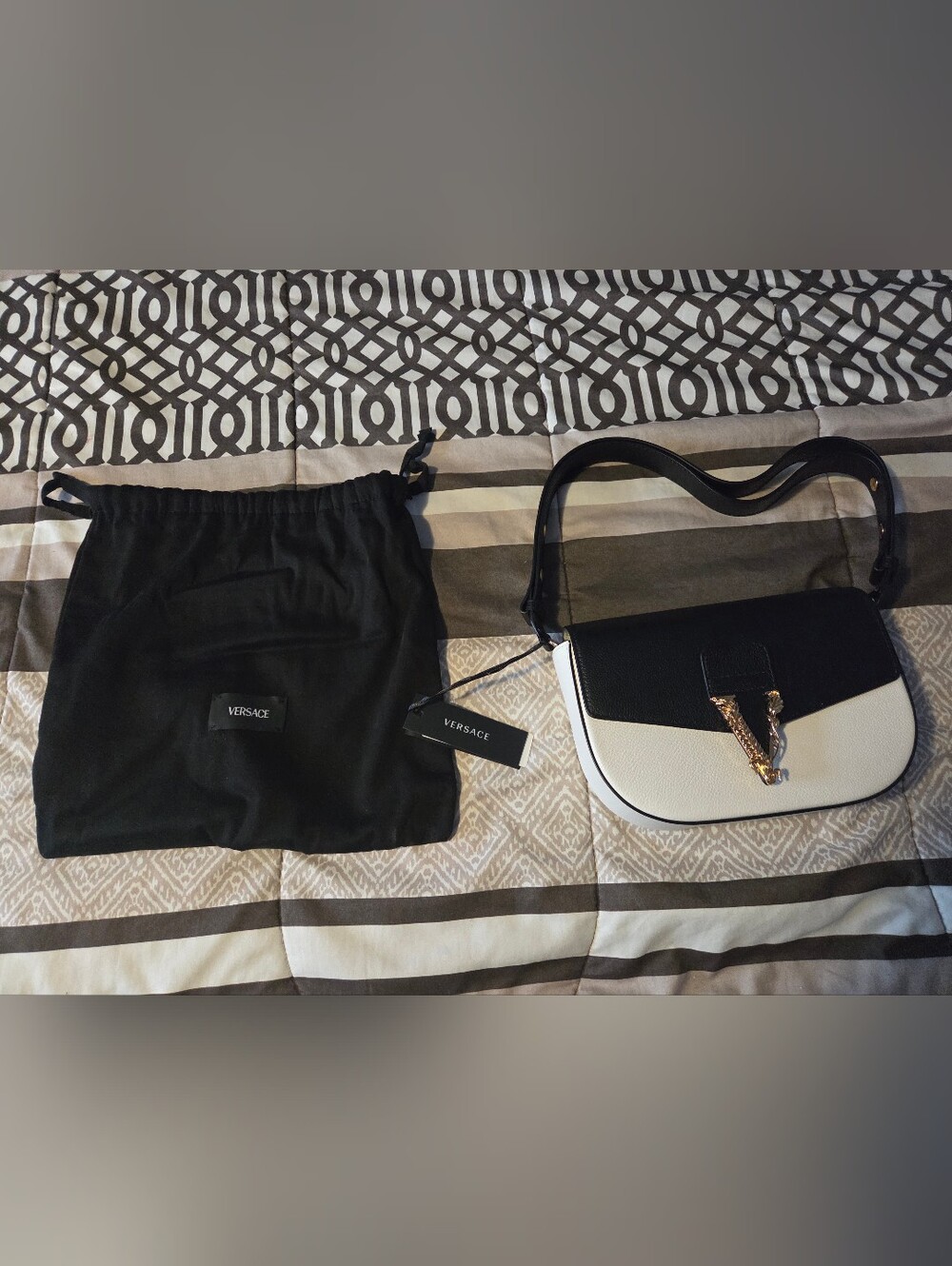 Versace Black and White Leather Shoulder Bag with Gold Medusa V